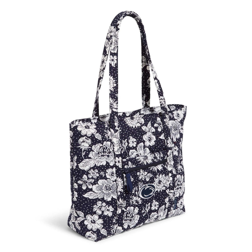 Navy blue quilted cotton tote bag with white floral pattern and Penn State logo