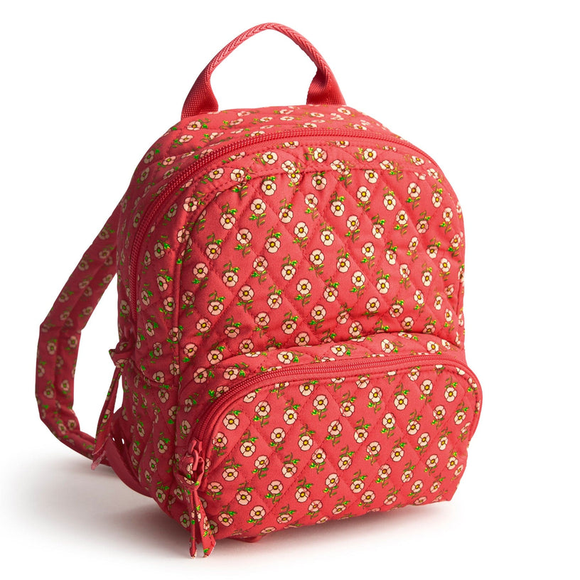 Mini red quilted cotton backpack with small white flower pattern