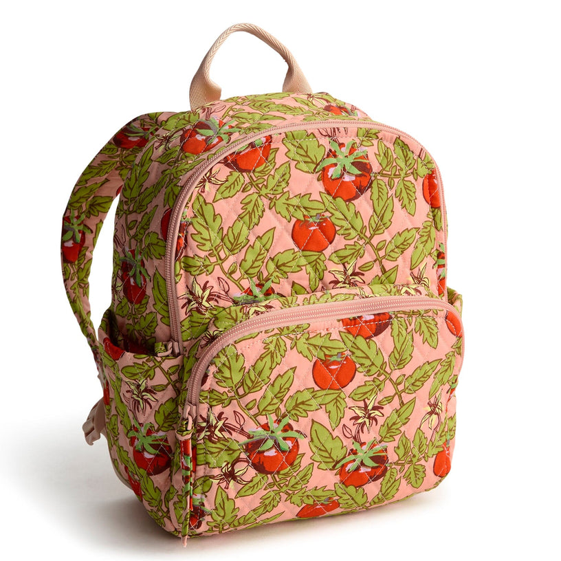 Small pink quilted cotton backpack with tomatoes and vines pattern