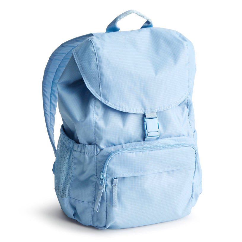 Large blue travel backpack with drawstring top and multiple compartments
