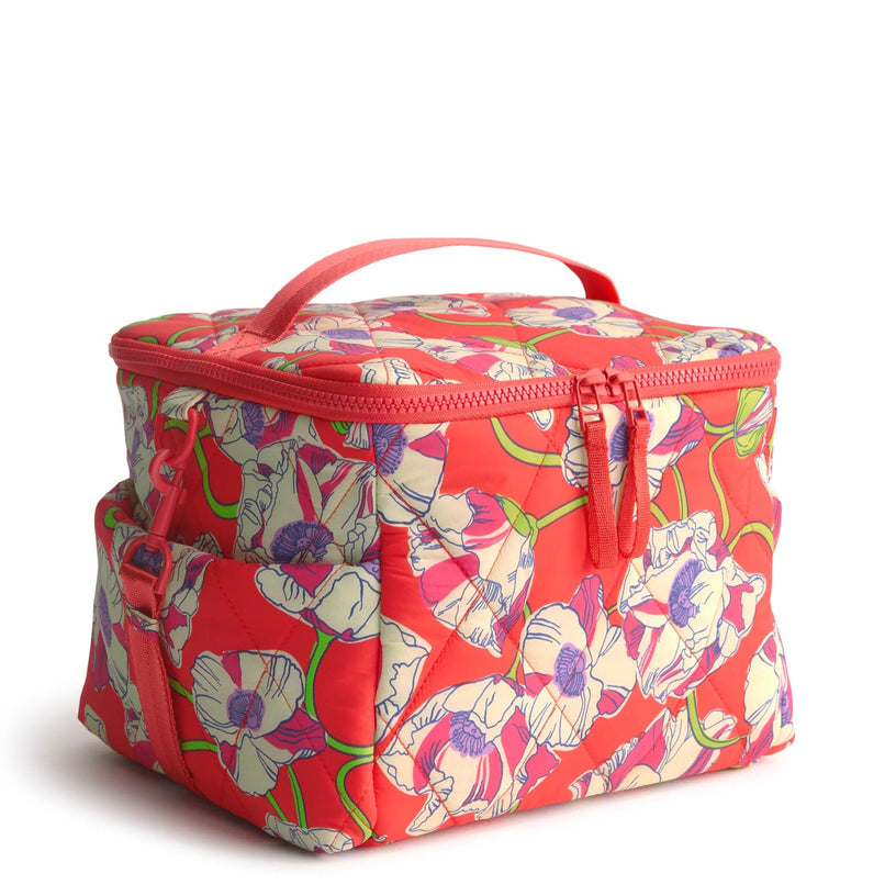 Red floral quilted lunch cooler with crossbody strap
